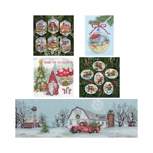 May include: A set of 10 cross-stitch patterns featuring winter scenes. The patterns include a red truck, a barn, a gnome, and a Christmas bauble. "Gnome for the Holidays" is written on one of the patterns.