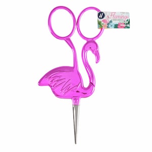 May include: Pink flamingo-shaped embroidery scissors with a 4.5-inch blade. The scissors are made of metal and have a shiny finish. The packaging label reads "Flamingo Embroidery Scissors 11.5cm (4.5") B5442 DB".