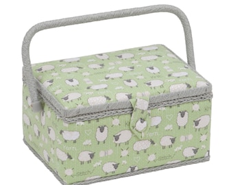 HobbyGift Panier à couture moyen Sheep Design Green Grey Boîte de rangement