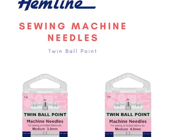 May include: Two packages of Hemline Twin Ball Point sewing machine needles. The package on the left is for medium 3.0mm needles and the package on the right is for medium 4.0mm needles.