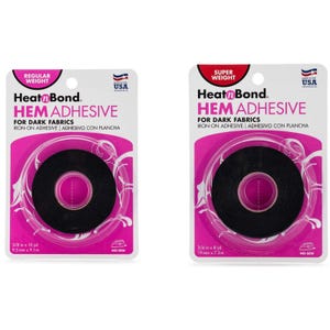 Può includere: Due confezioni di adesivo per orli HeatnBond per tessuti scuri. Uno è "Peso normale" e l'altro "Super peso". Ognuno contiene nastro adesivo nero. Le confezioni sono rosa e bianche con la scritta "HeatnBond HEM ADHESIVE".
