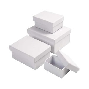 May include: Four white cardboard boxes, one with the lid open, stacked on top of each other. The boxes are all the same size and shape, and they are all made of a sturdy cardboard.