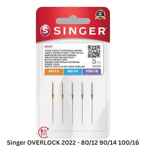 May include: A pack of five Singer overlock sewing machine needles, model #2022, featuring assorted sizes 80/12, 90/14, and 100/16. The needles are displayed on a red and white card with a QR code, color-coded shanks, and multilingual text.