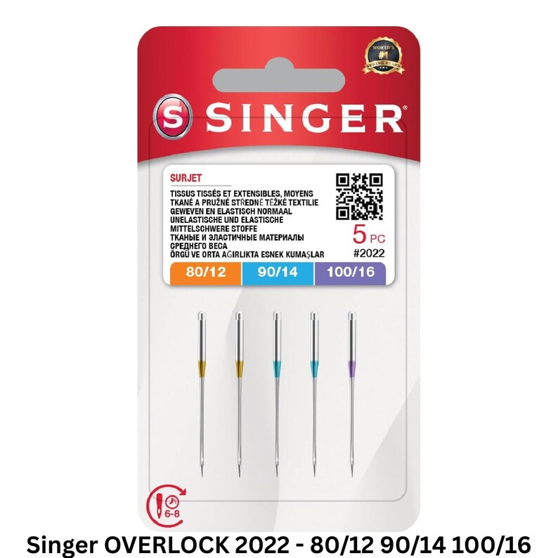 May include: A pack of five Singer overlock sewing machine needles, model #2022, featuring assorted sizes 80/12, 90/14, and 100/16. The needles are displayed on a red and white card with a QR code, color-coded shanks, and multilingual text.