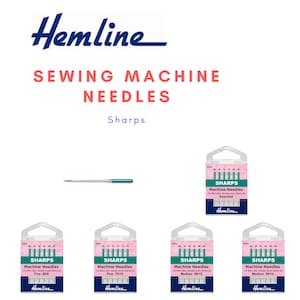 Könnte beinhalten: Eine Packung mit 6 Hemline Sharps Nähmaschinennadeln in verschiedenen Größen, für die Verwendung mit verschiedenen Stoffen. Die Packung ist rosa und weiß mit dem Hemline-Logo und dem Text "Sharps Machine Needles Assorted".