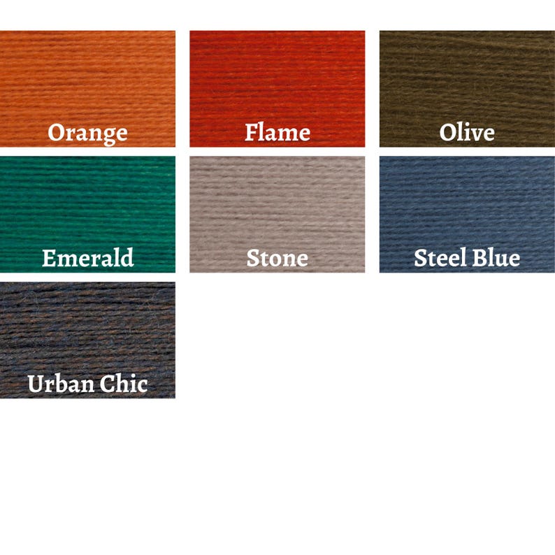 May include: A collection of yarn samples in various colors, including orange, flame red, olive green, emerald green, stone gray, steel blue, and urban chic. Each sample has a label with its color name in white text.