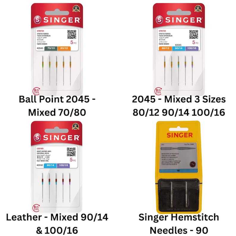 May include: Four packages of Singer sewing machine needles. Three white cards contain five needles each, labeled for stretch fabrics and leather in sizes 70/10, 80/12, 90/14, and 100/16. One yellow card contains Singer hemstitch needles in size 90.