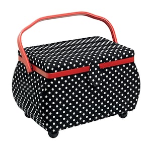 Cesta de costura grande Prym con lunares blancos y negros y asa roja