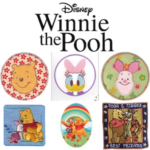 Könnte beinhalten: Gestickte Aufnäher mit Winnie-the-Pooh-Figuren. Enthält Pu der Bär, Ferkel und Tiger. Designs sind kreisförmig, quadratisch und oval, mit floralen und Regenbogen-Akzenten. Das Disney-Logo und der Text "Winnie the Pooh" befinden sich oben.