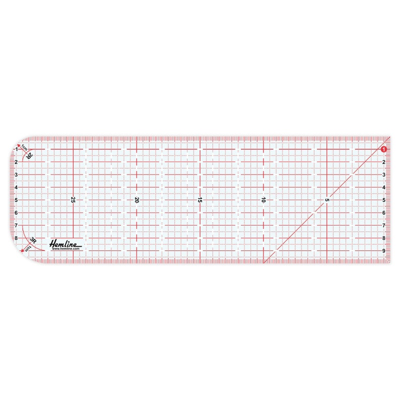 May include: A clear plastic ruler with red markings and a grid pattern. The ruler is 10 inches long and has a curved edge. The ruler is labeled "Hemline".
