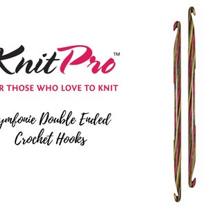 May include: A pair of double-ended crochet hooks with a red, yellow and green striped pattern. The hooks are made by Knit Pro and are labelled "Symfonie Double Ended Crochet Hooks".