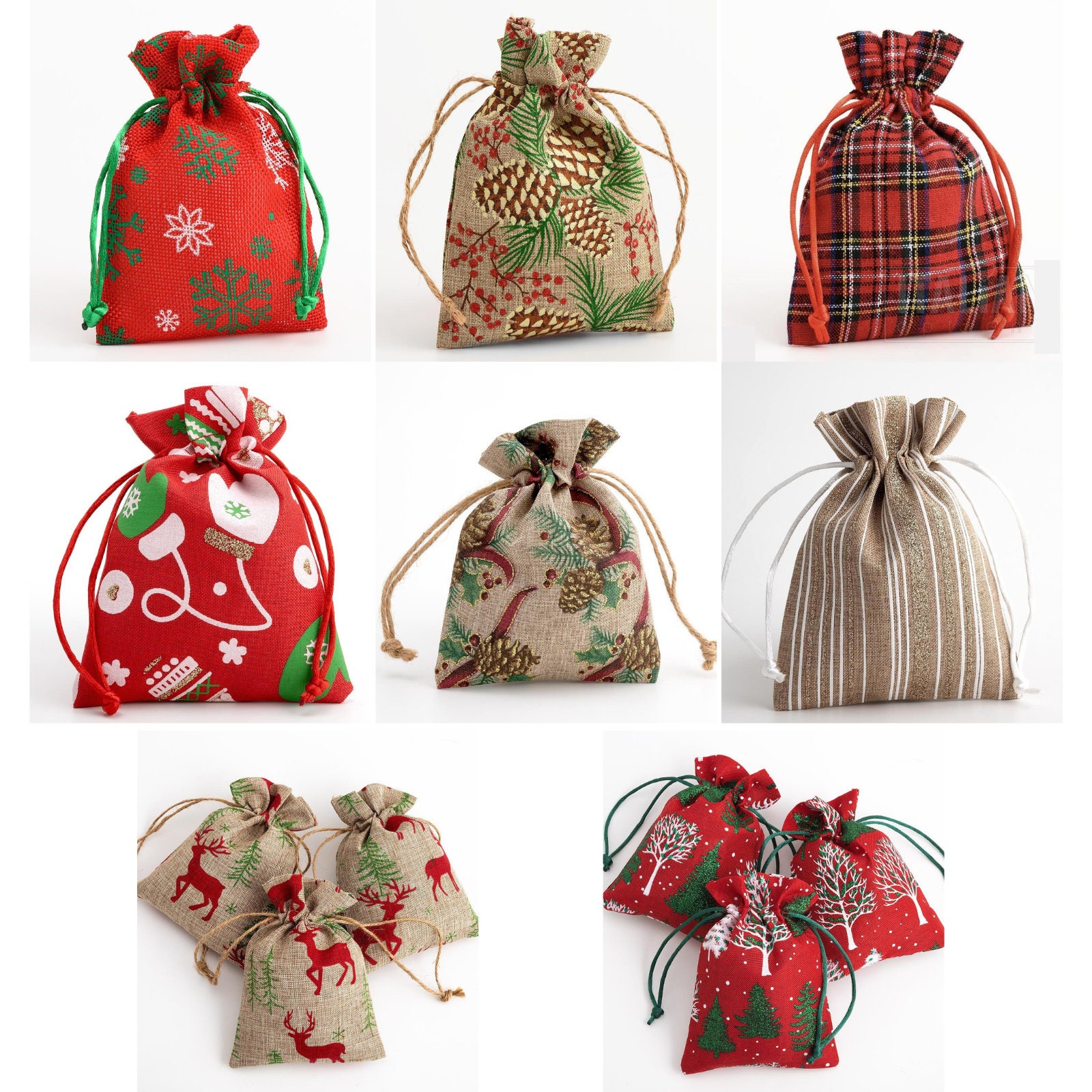 10 Small Christmas Themed Fabric Drawstring Bags, 3x4 Cloth Pouches