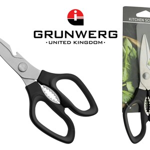 Grunwerg 8" Tesoura de cozinha ergonômica de uso geral para serviços pesados em aço inoxidável - Abridor de garrafas Quebra-nozes Características