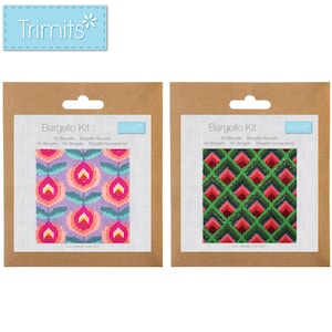 May include: Two Bargello Kit packages. One features a floral design in pink, yellow, and teal on a purple background. The other has a geometric pattern in red and green. Each kit is labeled "Trimits".
