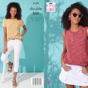 May include: Two knitting patterns for a sleeveless top and a short-sleeved top. The patterns are from King Cole and are called "double knit". The patterns are for sizes 81-127 cm.