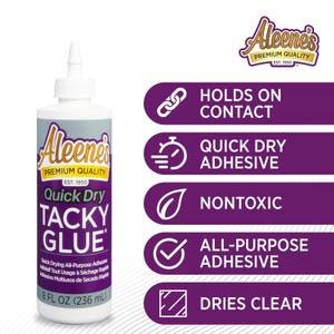 May include: A white plastic bottle of Aleene's Premium Quality Quick Dry Tacky Glue, 8 fl oz (236 mL). The label features purple and white text. Beside the bottle, five purple horizontal bars list features: Holds on Contact, Quick Dry Adhesive, Nontoxic, All-Purpose Adhesive, and Dries Clear.