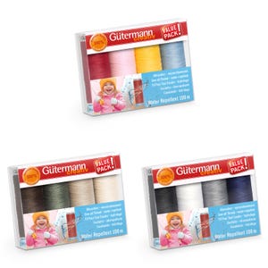 Puede incluir: Tres juegos de hilos de coser Gütermann Creativ Value Pack. Cada paquete contiene múltiples bobinas de hilo de varios colores. El embalaje incluye el texto "Water Repellent 100 m". Cada paquete tiene una foto de un niño.