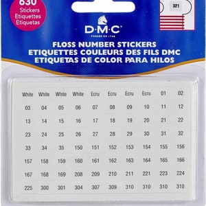 May include: DMC floss number stickers, a white sheet with 630 color numbers printed on it, includes all colors of embroidery floss for DMC, Floss Number Stickers, Etiquettes Couleurs des Fils DMC, Etiquetas de Color para Hilos