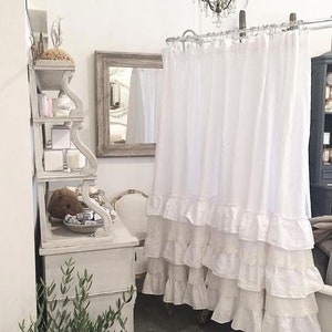 Linen Shower Curtain - Ruffled shower curtain - Available in White/ivory/flax - Custom size