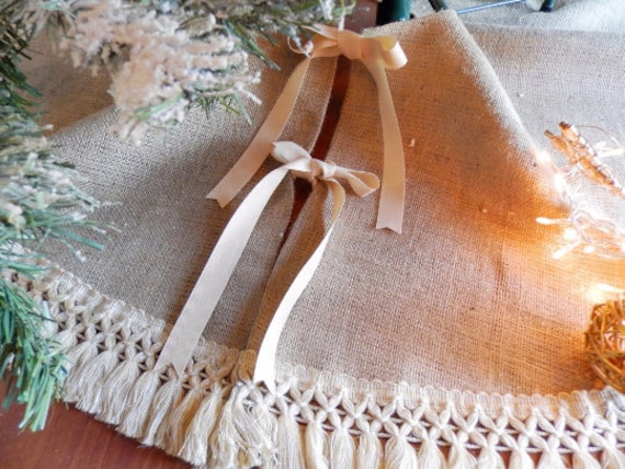 Prêt à Expédier Burlap Noël 40 -72 Jupe d'arbre avec Garniture Frange - Arbre de Noël Toile Jute Cho