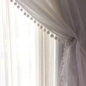 Linen curtain - 52'' - Pom pom Bedroom curtain -Ivory curtain - One Rod pocket panel - Available colors of pom pom