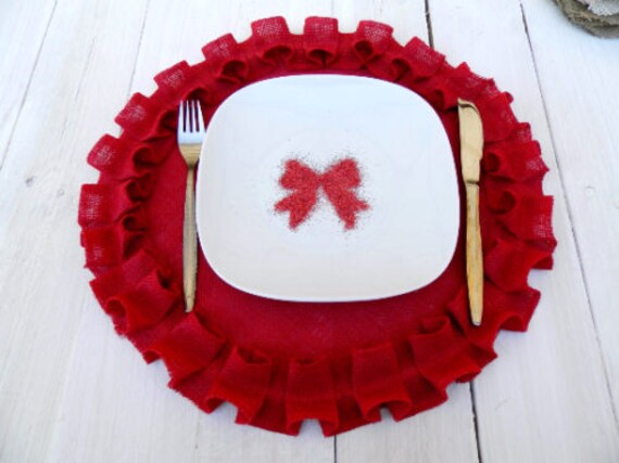 Set Of 6 Round Red Burlap Placemats With Ruffles Christmas Etsy