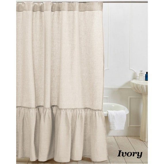 Ruffled Linen Shower Curtain 72 X72 White Ivory Flax Gray
