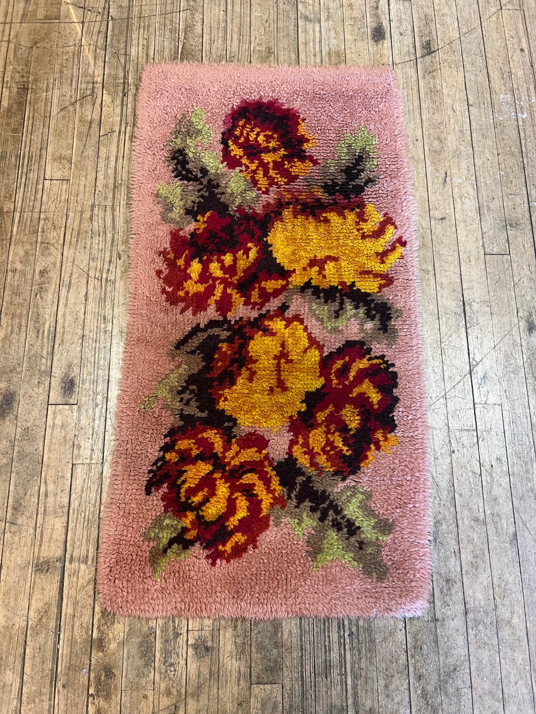 1970s Vintage Finished Latch Hook Rug/wall Hanging or Floor Pink
