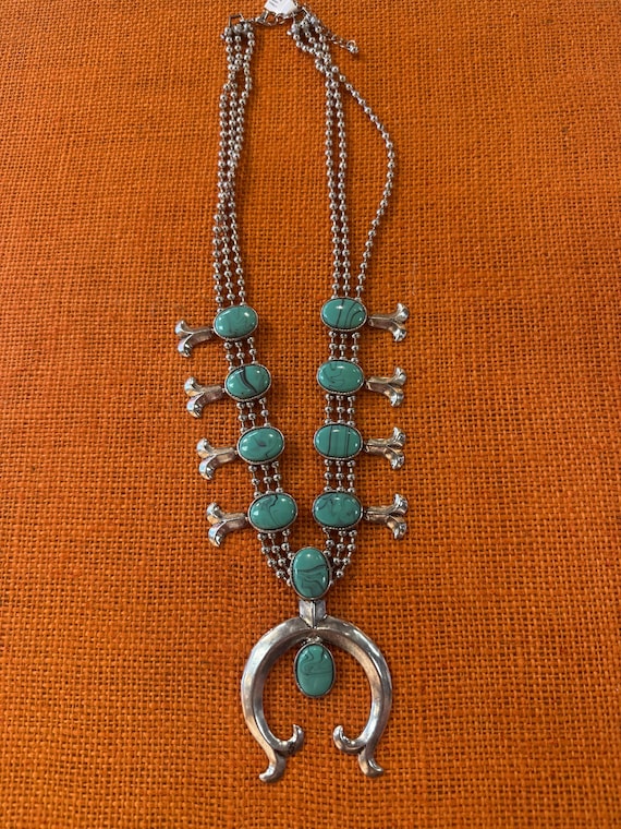 Vintage Goldette Squash Blossom Naja Necklace with Faux Turquoise Stones