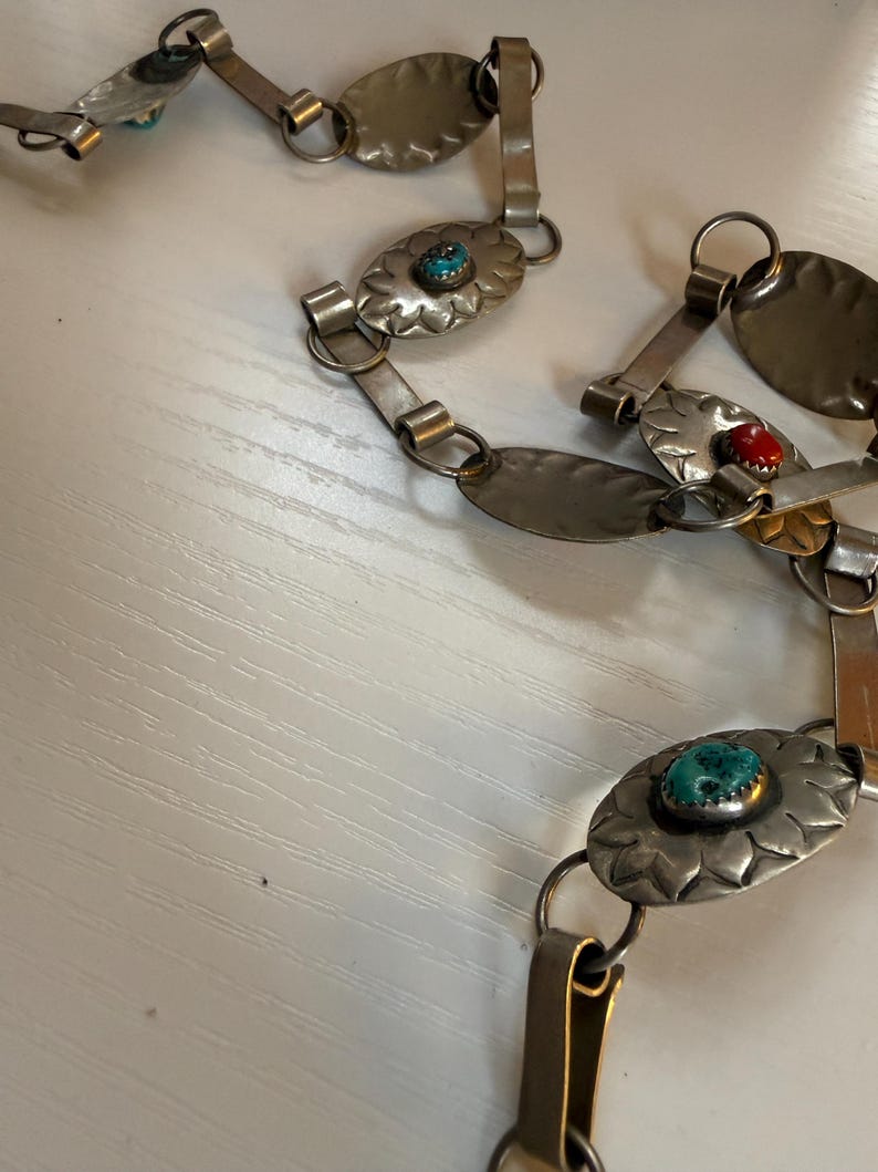 Vtg Western Native American Sterling Silver Turquoise Coral Concho Link ...