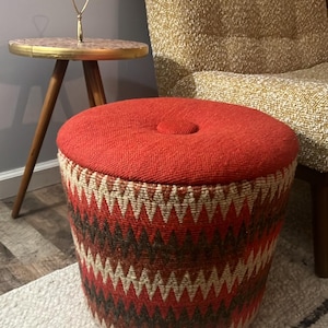 Vintage 70’s Storage Ottoman Red and brown woven upholstery