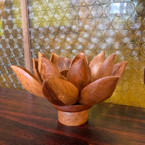 Mid-Century Monkey Pod Lotus Flower Serving Centerpiece Set - 15 Pieces French Polynesian