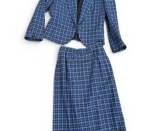 1970s Pendleton Wool Skirt Suit: Blue Houndstooth Plaid size M