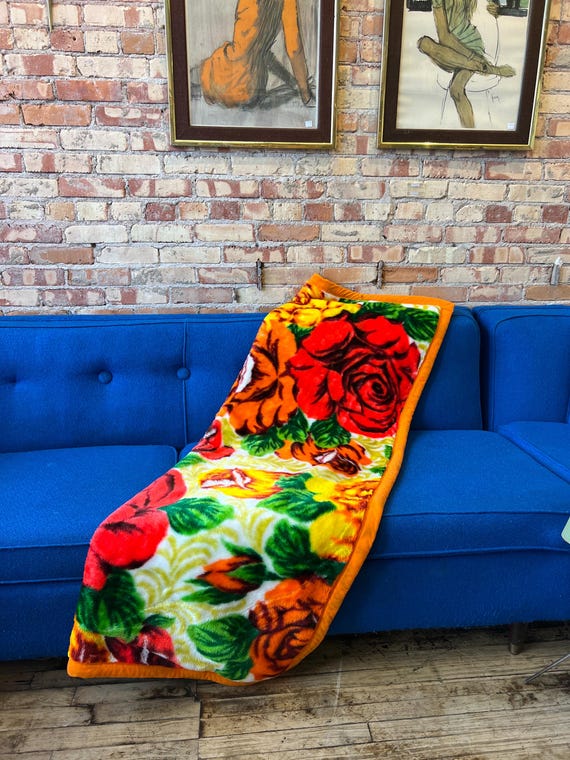 Vintage Korean Mink Blanket Bright Orange Red Roses HEAVY Plush Lap Blanket Etsy Canada