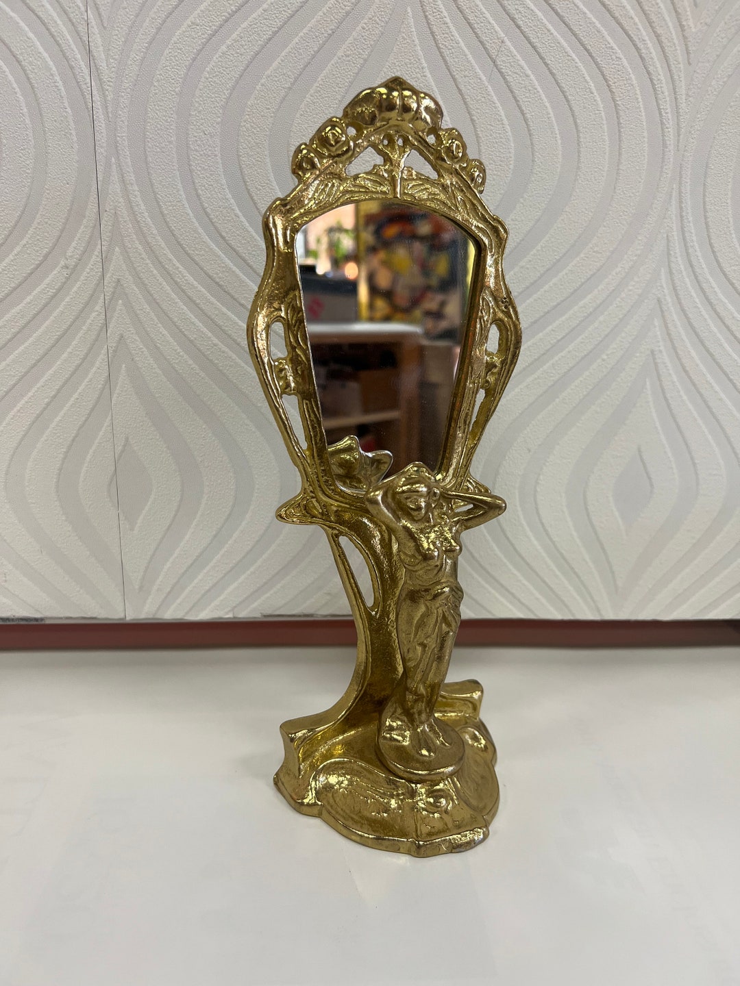 Antique Art Deco Vanity Mirror Figural Lady Brass Lady Ornate Etsy