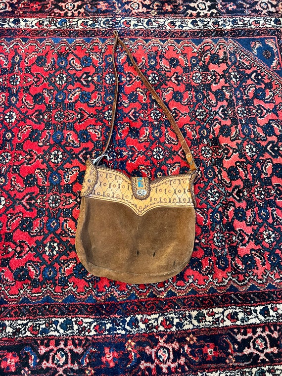 Vintage Mexican Tooled Leather suede cross body ba