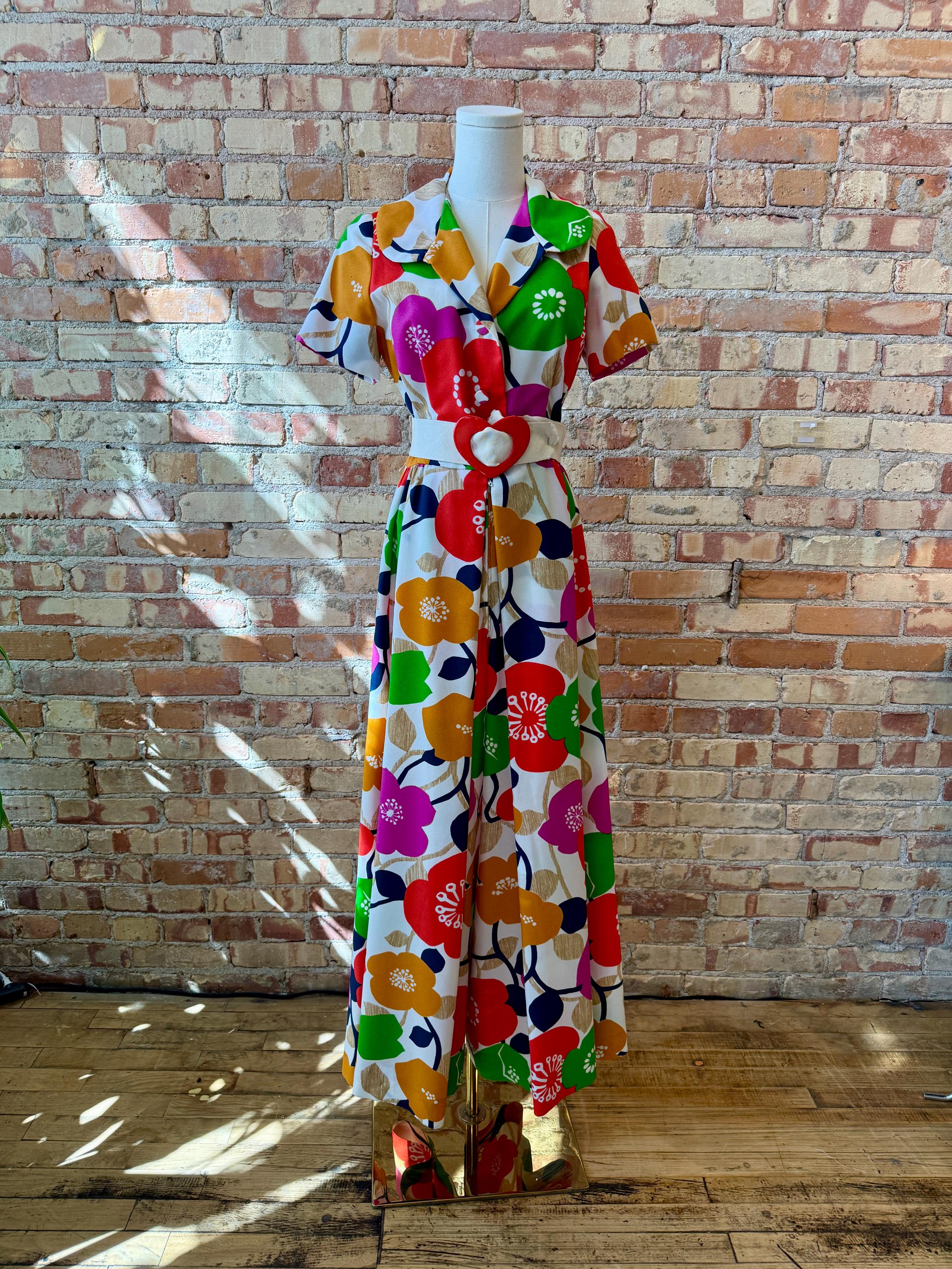 Vintage 1970's Bright Floral Print Wide Leg Jumpsuit Flower Power
