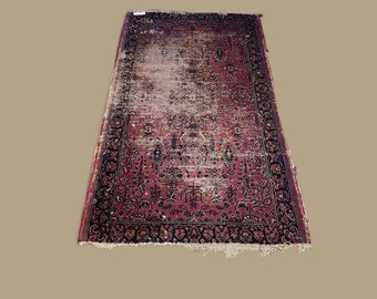 Antique Persian Wool Rug Red perfectly worn 2' x 4'