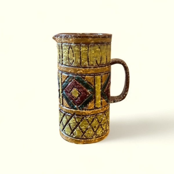 Mid Century Italian Carved Pitcher Vase Aldo Londi Bitossi Style Vintage Stoneware Studio Pottery Yellow