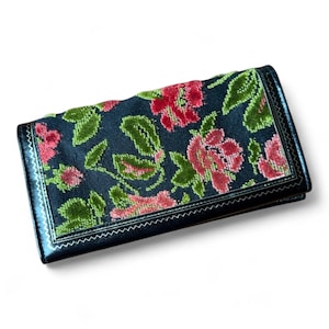 Vtg Daniel Bi-Fold Black Leather Floral Velvet Tapestry Wallet 60&#39;s Carpet bag style