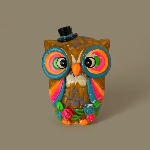 Hibou vintage avec tirelire haut de forme néon lumineux Taiwan papier mâché des années 1960