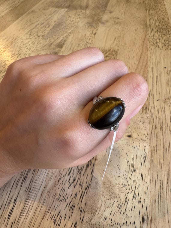 Large tiger eye statement ring sterling size 9 - image 1