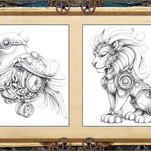 May include: Two detailed steampunk-style illustrations. One depicts a mechanical bird with gears and clockwork elements. The other shows a mechanical lion with intricate gear details. Both are in grayscale, set within a decorative frame.