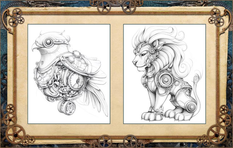 May include: Two detailed steampunk-style illustrations. One depicts a mechanical bird with gears and clockwork elements. The other shows a mechanical lion with intricate gear details. Both are in grayscale, set within a decorative frame.