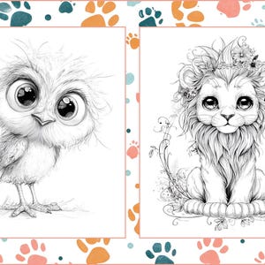 May include: Two black and white illustrations of adorable animals. One is a wide-eyed owl with fluffy feathers, and the other is a lion cub with a floral crown. The images are framed with a paw print border.