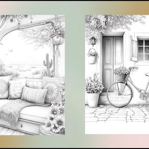 Peut inclure: Deux illustrations en noir et blanc. L'image de gauche repr&eacute;sente un int&eacute;rieur confortable avec des coussins, une couverture et une fen&ecirc;tre donnant sur un paysage d&eacute;sertique. L'image de droite montre un v&eacute;lo avec des paniers de fleurs pr&egrave;s d'un b&acirc;timent.