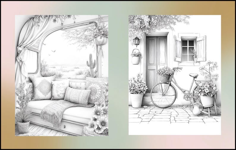 Peut inclure: Deux illustrations en noir et blanc. L'image de gauche repr&eacute;sente un int&eacute;rieur confortable avec des coussins, une couverture et une fen&ecirc;tre donnant sur un paysage d&eacute;sertique. L'image de droite montre un v&eacute;lo avec des paniers de fleurs pr&egrave;s d'un b&acirc;timent.