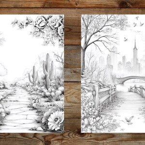 Puede incluir: Dos p&aacute;ginas para colorear en blanco y negro. Una representa un paisaje des&eacute;rtico con cactus y un camino. La otra muestra un paisaje urbano con un puente y una pasarela de madera. Dibujos detallados.