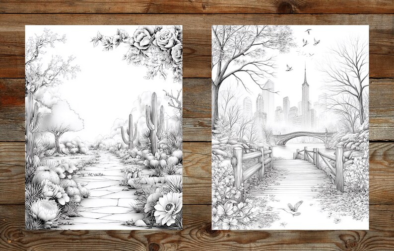 Puede incluir: Dos p&aacute;ginas para colorear en blanco y negro. Una representa un paisaje des&eacute;rtico con cactus y un camino. La otra muestra un paisaje urbano con un puente y una pasarela de madera. Dibujos detallados.