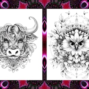May include: Black and white illustrations of a bull and an owl. The bull has detailed patterns and large horns. The owl is composed of flowers and leaves. The images are on a white background with a decorative pink and purple border.